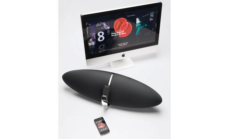 Bowers & Wilkins Zeppelin Air (Factory Refurbished) AirPlay illustration: music from iPhone streamed to Zeppelin; video from iPhone streamed to Apple TV