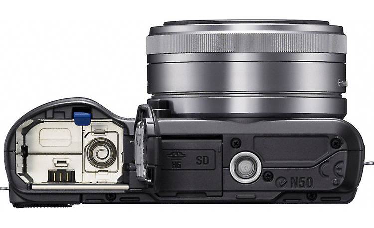 Sony Alpha NEXC3A Bottom view, battery compartment open
