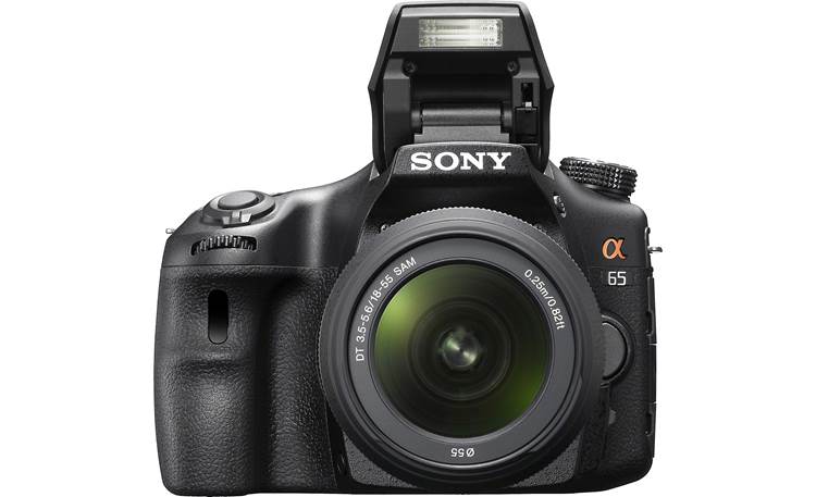 Sony Alpha SLT-A65VK Front view, with lens, straight-on, flash extended