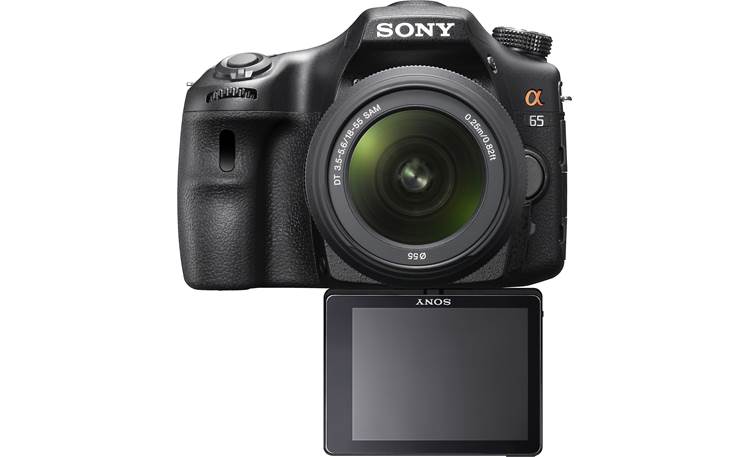 Sony Alpha SLT-A65VK Front view, with lens, straight-on, display extended