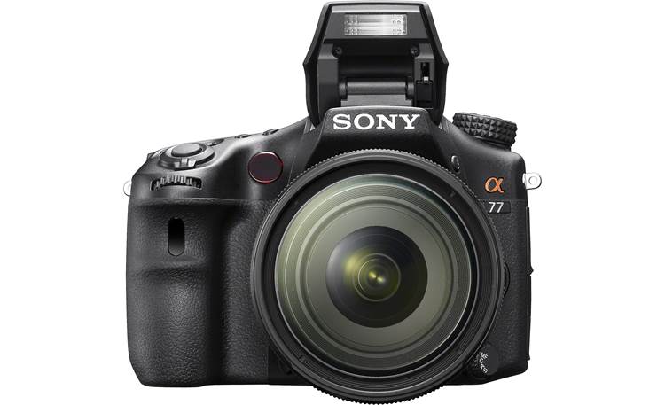 Sony Alpha SLT-A77VQ Front view, with lens, straight-on, flash extended
