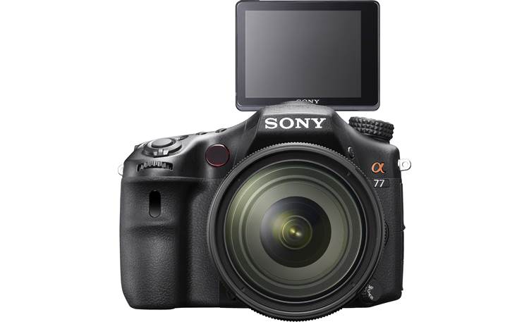 Sony Alpha SLT-A77VQ Front view, with lens, straight-on, display extended