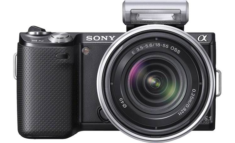 Sony Alpha NEX-5N Front view, with lens, straight-on, attachable flash flipped down