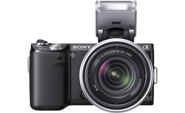 Sony Alpha NEX-5N Front view, with lens, straight-on, attachable flash flipped up
