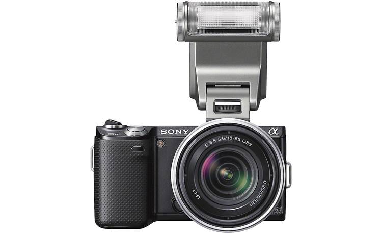 Sony Alpha NEX-5N Front view, with lens, straight-on, optional flash (not included) on hot shoe