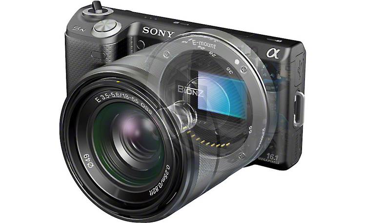 Sony Alpha NEX-5N Front, high 3/4 angle,lens transparent