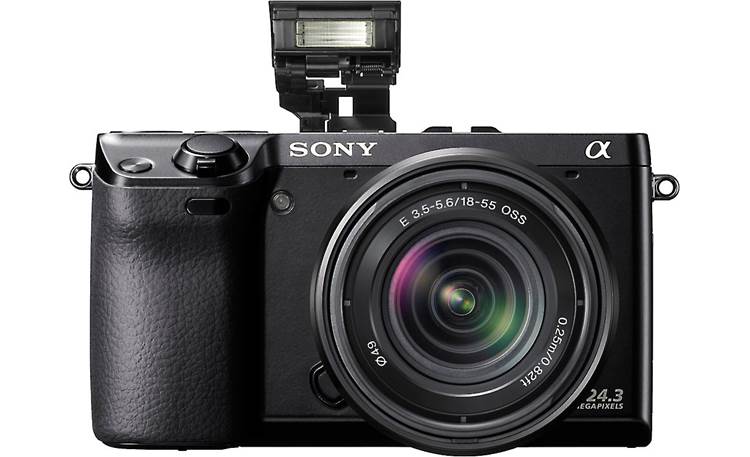 Sony Alpha NEX-7 Front view, with lens, straight-on, flash extended