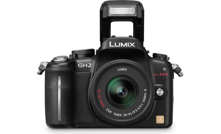 Panasonic Lumix DMC-GH2K Kit Front view, with lens, straight-on, flash extended