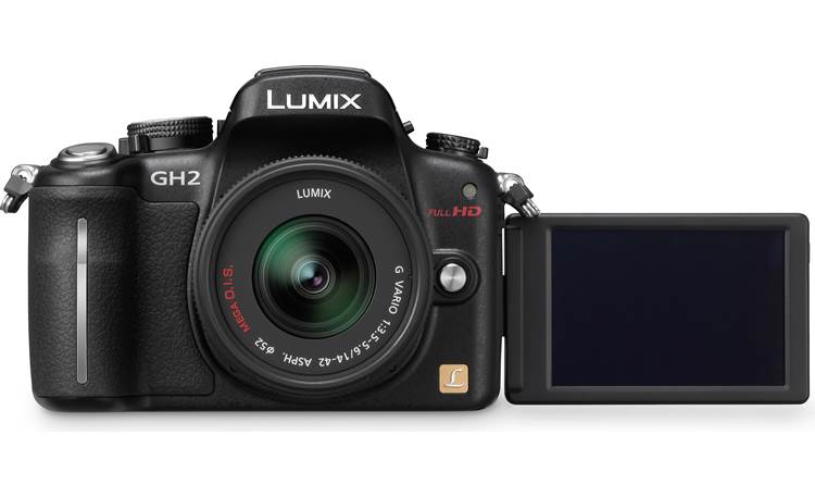 Panasonic Lumix DMC-GH2K Kit Front view, with lens, straight-on, display extended