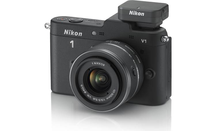Nikon 1 V1 w/ 10-30mm VR Lens Front, 3/4 angle, w/ optional GPS unit attached (not included)