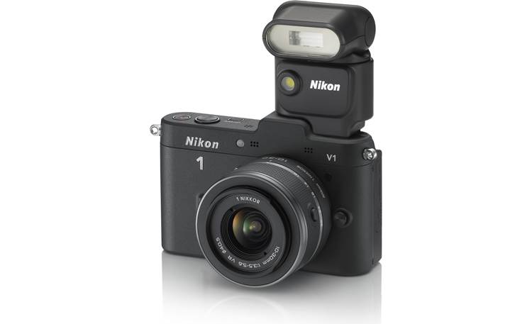Nikon 1 V1 w/ 10-30mm VR Lens Front, 3/4 angle, w/ optional external flash deployed (not included)