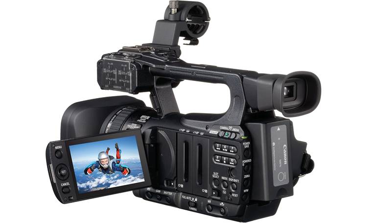 Canon XF100 High Definition Camcorder Back, 3/4 angle, LCD display  extended