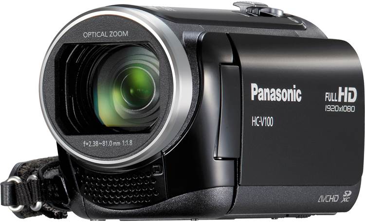 Panasonic HC-V100M Front, 3/4 view, touchscreen display closed