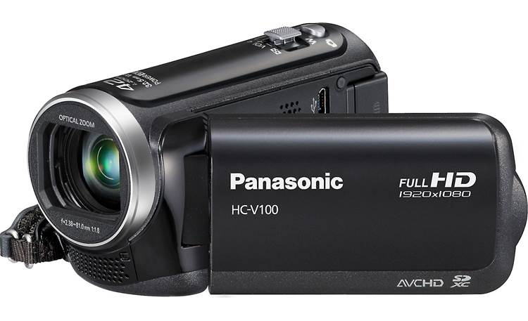 Panasonic HC-V100M Front, 3/4 view, touchscreen display angled outwards