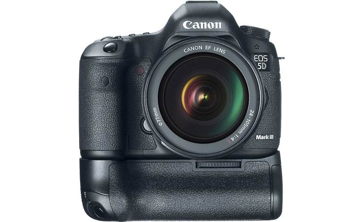 Canon EOS 5D Mark III with L-Series Zoom Lens Front, straight-on, with optional battery grip (not included)