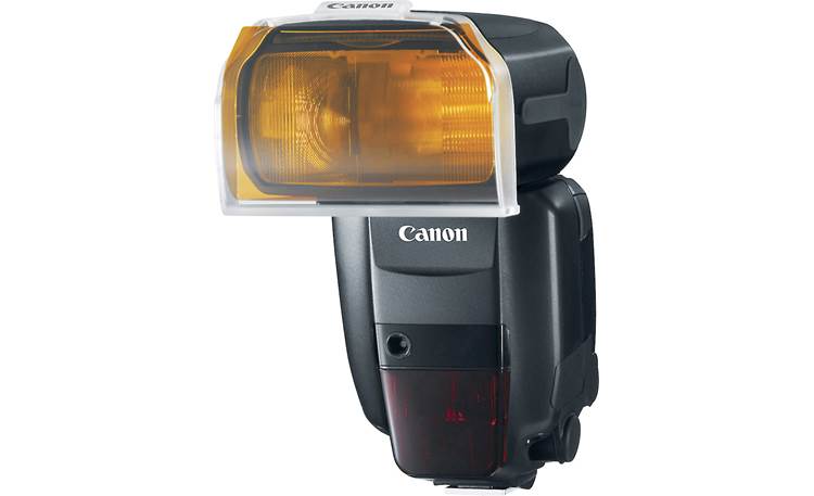 Canon Speedlite 600EX-RT shown with colored gel (not included) in supplied holder