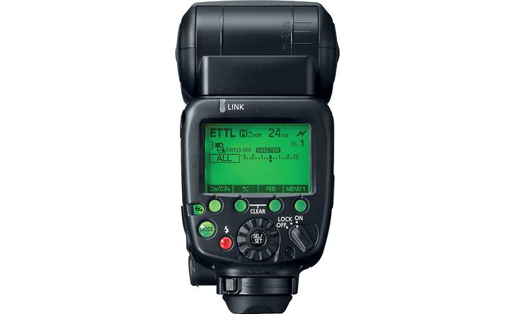 Canon Speedlite 600EX-RT Back, with LCD display illuminated and displaying information