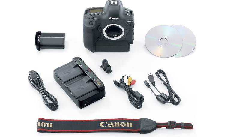 Canon EOS 1D X (no lens included) shown with supplied accessories