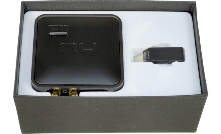 NuForce Air DAC uWireless System™ DAC/receiver and USB transmitter dongle in product package