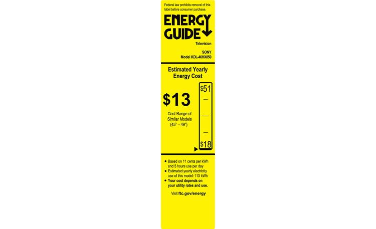 Sony KDL-46HX850 EnergyGuide label