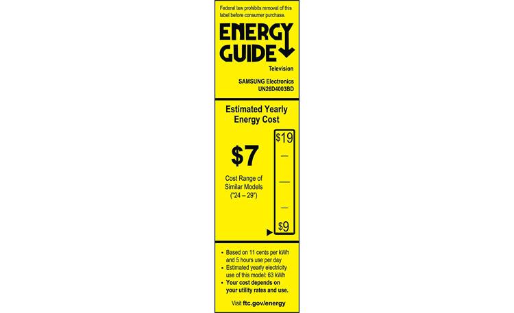 Samsung UN26D4003 EnergyGuide label
