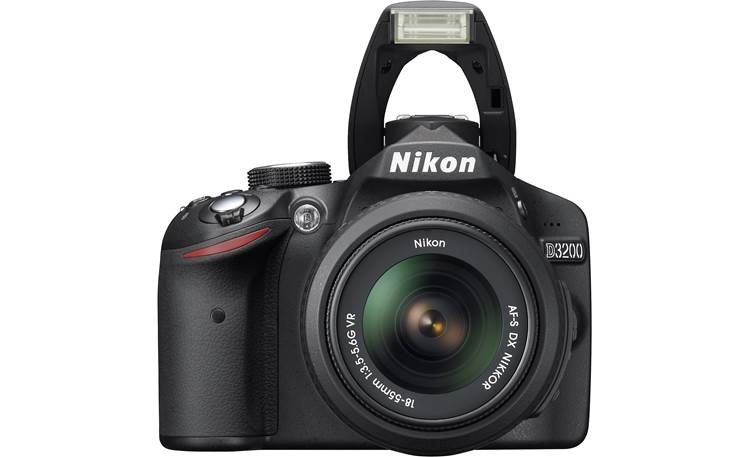 Nikon D3200 Kit Front, straight-on, with flash deployed