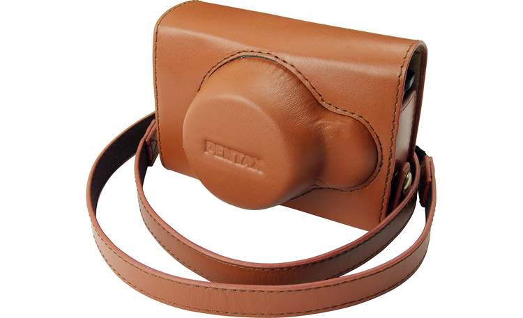 PENTAX Q Vintage Leather Case Front, 3/4 view, plus carrying strap