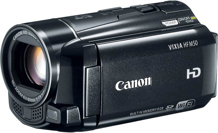 Canon VIXIA HF M50 Front, left-side, 3/4 view, LCD display in-place