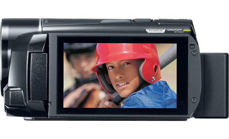 Canon VIXIA HF M50 Left side, display flipped, battery attached