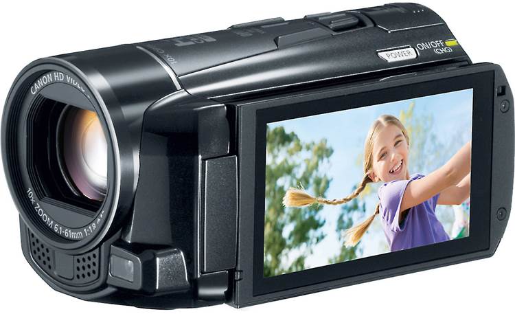 Canon VIXIA HF M500 Front, left-side, 3/4 view, LCD display in-place