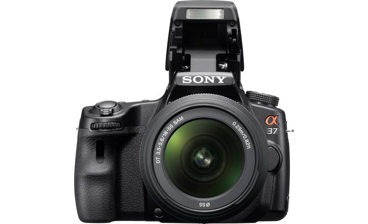 Sony Alpha SLT-A37 3X Zoom Kit Front, straight-on, with flash deployed