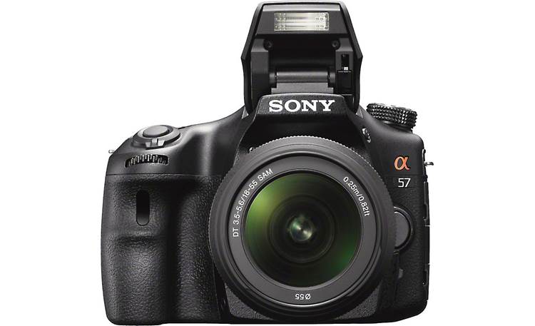 Sony Alpha SLT-A57M 7.5X Zoom Kit Front, with flash deployed and 18-55mm kit lens mounted (not included)
