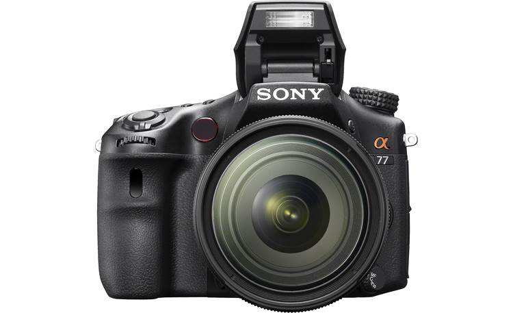 Sony Alpha SLT-A77VM Kit Front, straight-on, with flash deployed