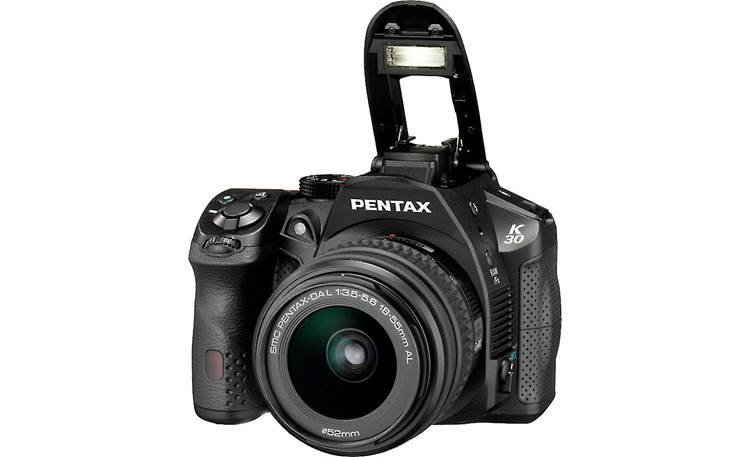 PENTAX K-30 Dual Lens Kit 1 Front, 3/4 view, on-board flash deployed