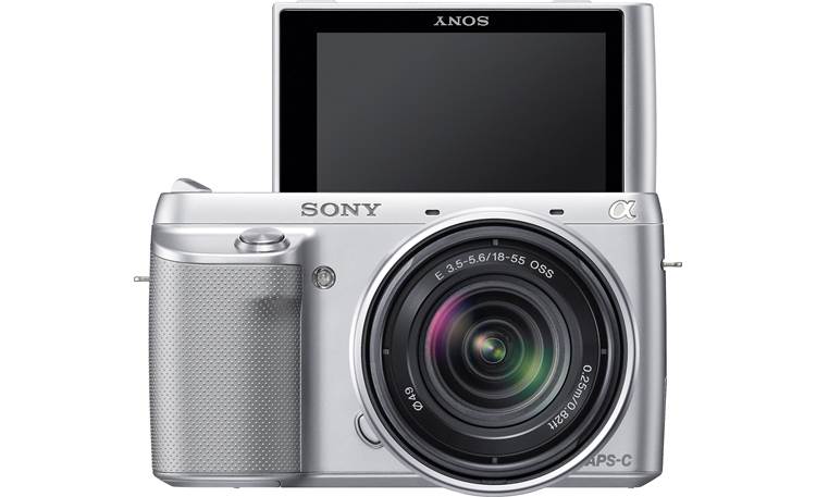Sony Alpha NEX-F3 Front, straight-on, LCD rotated toward front