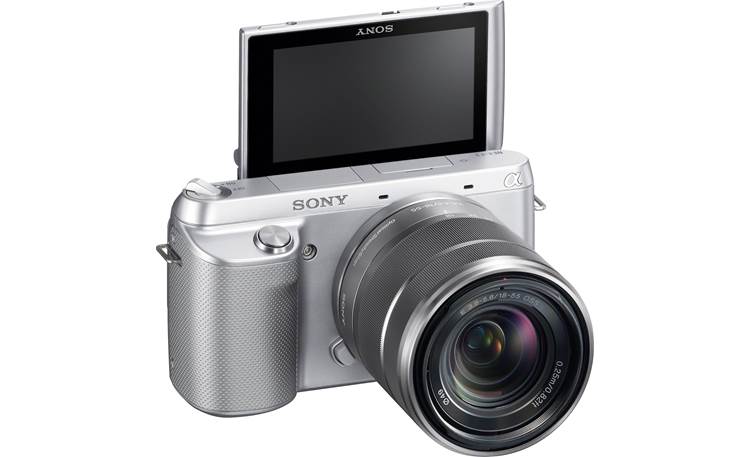 Sony Alpha NEX-F3 Front, 3/4 angle, with LCD display angled towards front