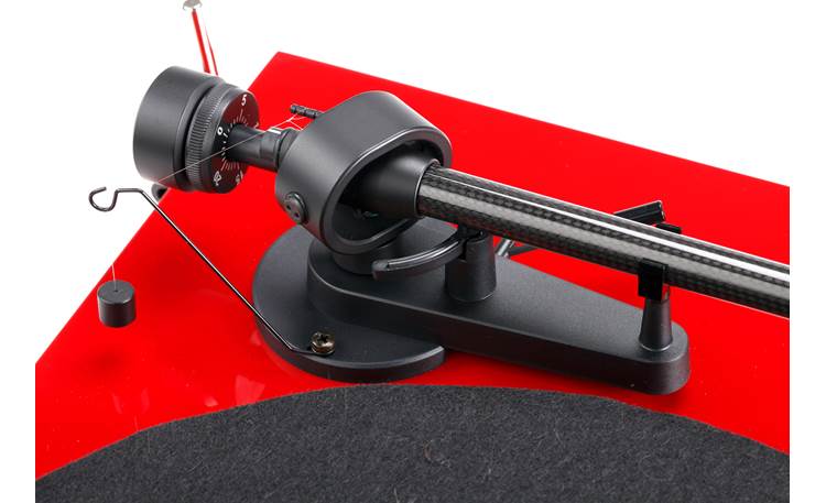 Pro-Ject Debut Carbon Closeup detail of tonearm counterweight and anti-skating system
