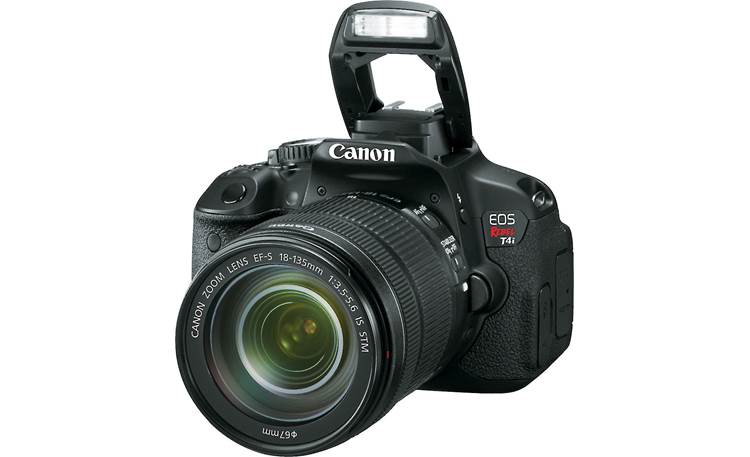 Canon EOS Rebel T4i Kit with 18-135mm Lens Front, 3/4 angle, with flash deployed