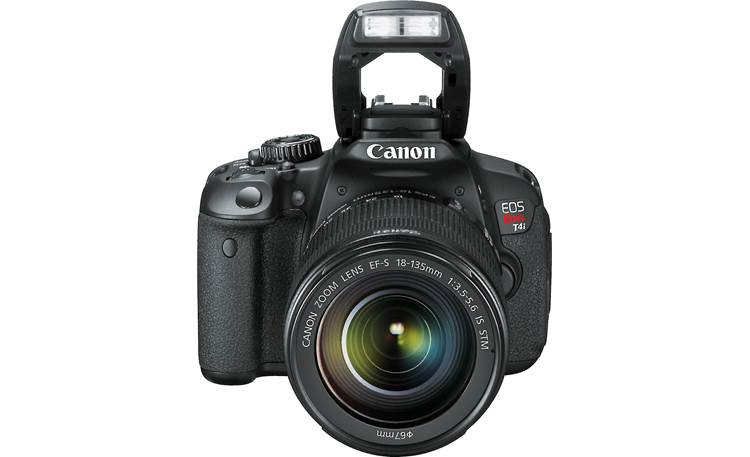 Canon EOS Rebel T4i Kit with 18-135mm Lens Front, higher angle, with flash deployed