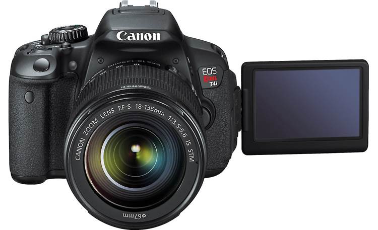Canon EOS Rebel T4i Kit with 18-135mm Lens Front, higher angle, with LCD display angled towards front