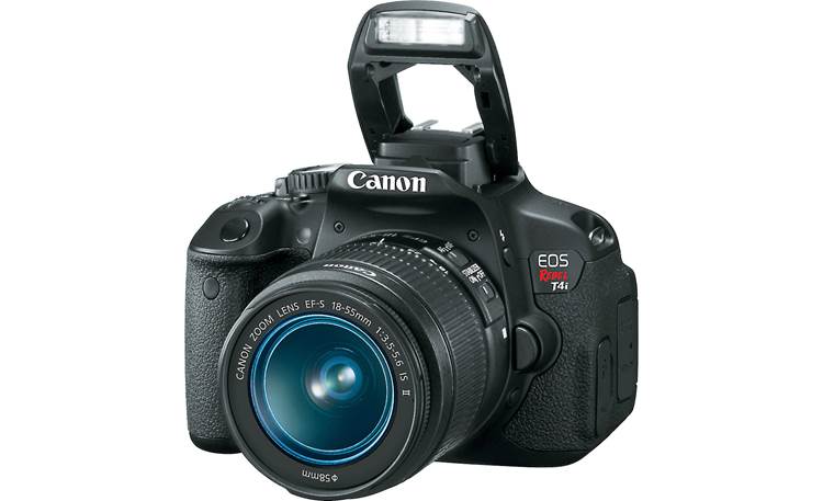 Canon EOS Rebel T4i Kit with 18-55mm Lens Front, 3/4 angle, with flash deployed