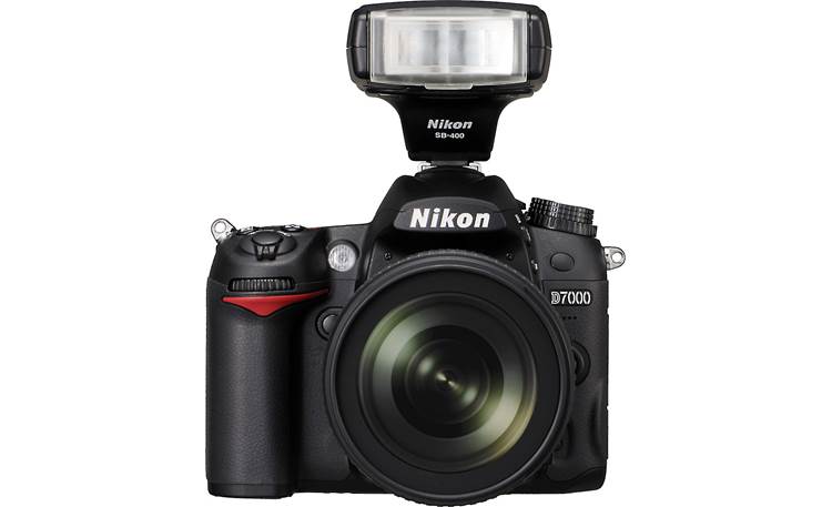 Nikon D7000 Long Zoom Kit Front, straight-on, with external flash deployed (not included)