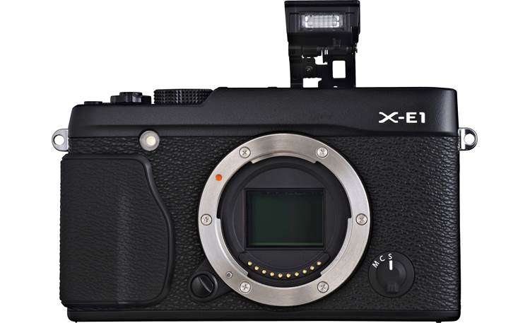 Fujifilm X-E1 Zoom Lens Kit Front, straight-on, with flash deployed (body only)