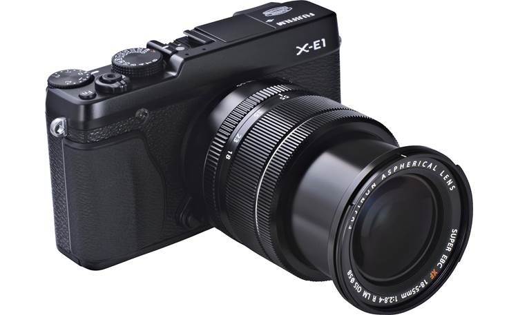 Fujifilm X-E1 Zoom Lens Kit Front, 3/4 view, lens extended