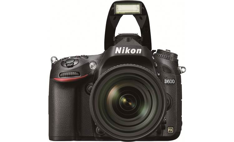Nikon D600 with 3.5X Zoom Lens Front, straight-on, with flash deployed