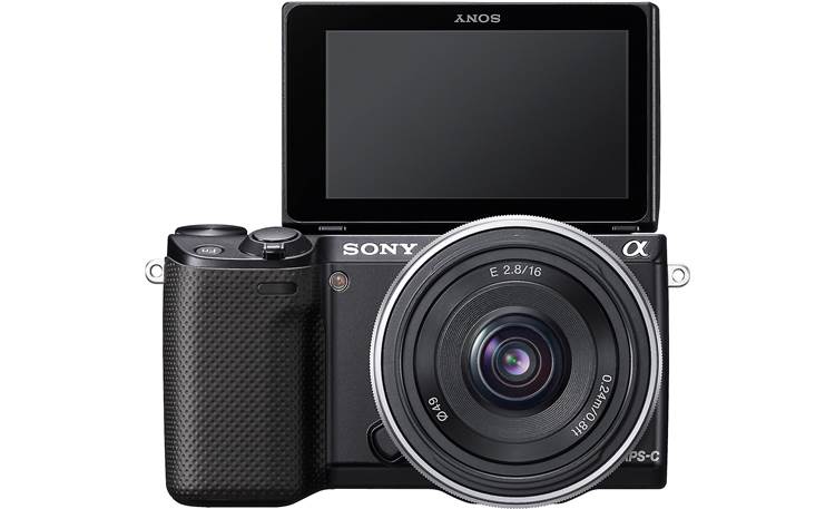 Sony Alpha NEX-5R (no lens included) Front, straight-on, with touchscreen display flipped 180 degrees for self-portraits