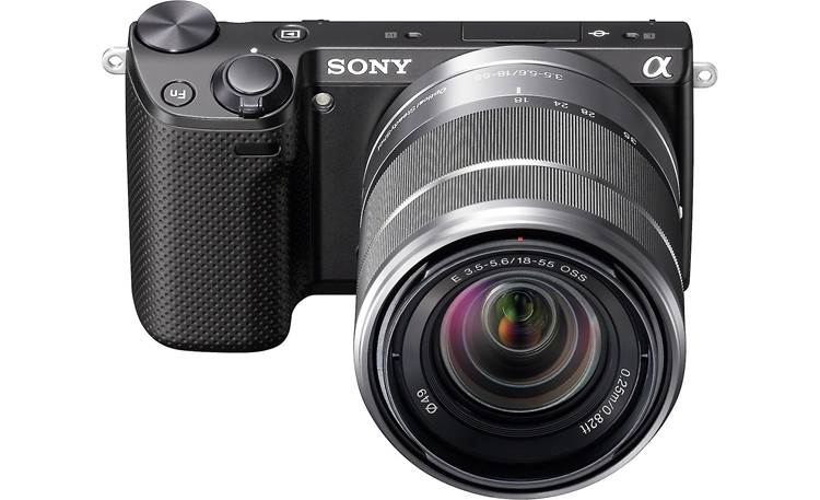 Sony Alpha NEX-5R (no lens included) Front, higher angle, with lens (not included)