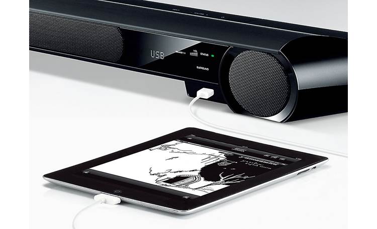 Yamaha YSP-4300 Digital Sound Projector Shown with iPad® (not included) connected to front USB port