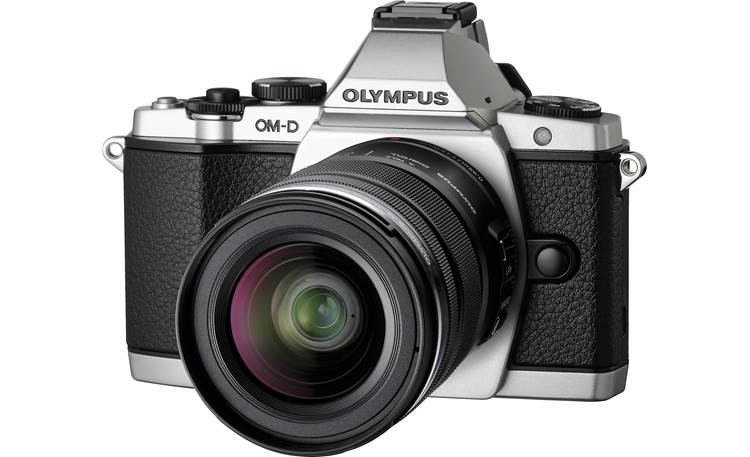 Olympus OM-D E-M5 4.2X Zoom Lens Kit Front, 3/4 angle, from right, with included flash