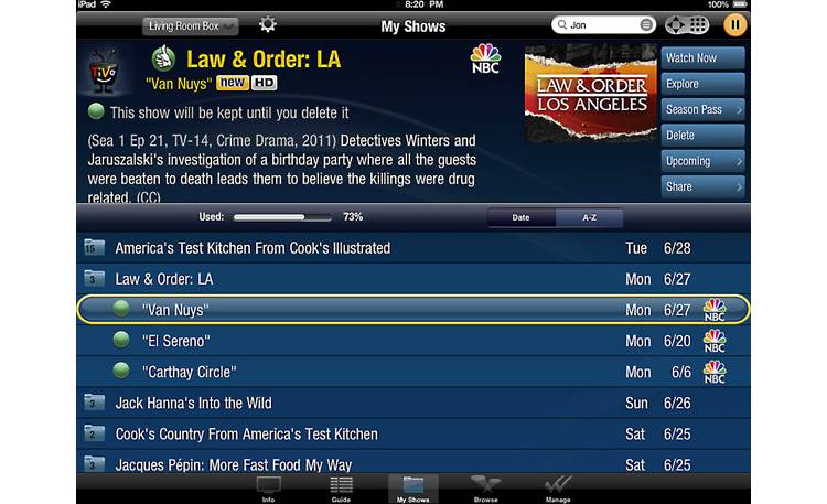 TiVo® Stream Menu screen - My Shows